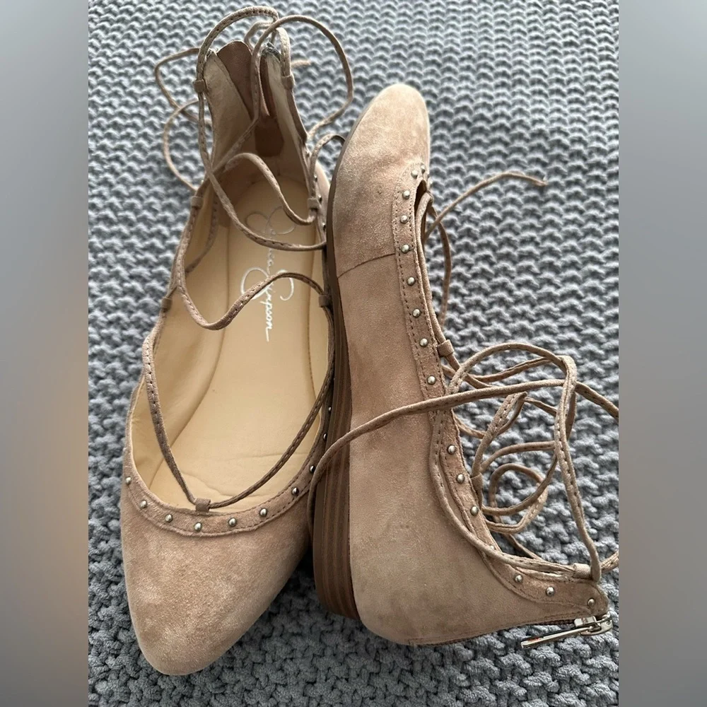 Jessica Simpson Taupe Lace-Up Suede Studded Flats - Picture 5 of 12